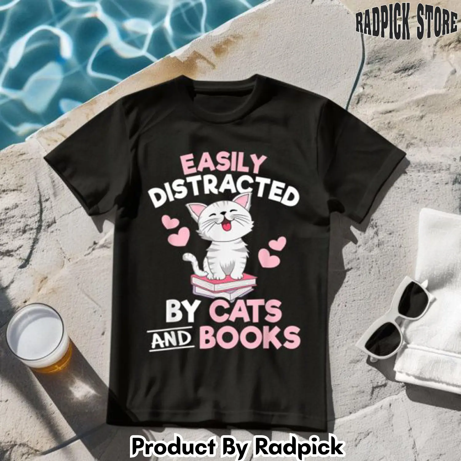 Easily distracted by cats and books cute cat tshirt rp2557155